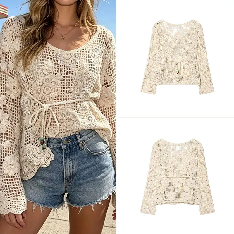 

Women's Bohemian Style Long Sleeve Knitted Top Casual Diamond Embellished Hollow out Design Belted Summer Fashion 2026