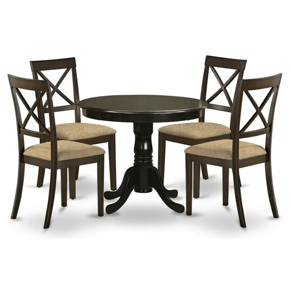 Round Dining Table & 4 Upholstered Chairs Set 42x42 Inch Linen Fabric Pedestal Base Dining Room Kitchen Furniture, Customized