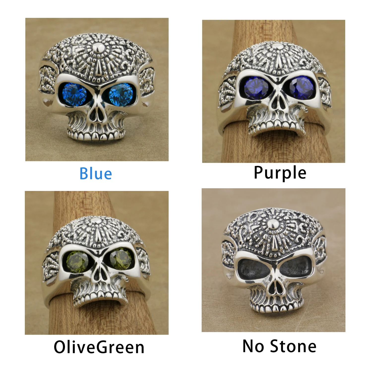 

925 Sterling Silver CZ Eyes Skull Ring Biker Punk Jewelry 9KX20 US Size 7 to 14