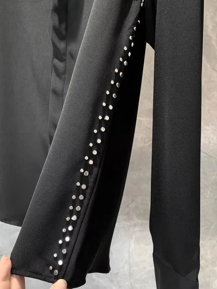 New Designer Mens Rivets Studded Party Shirt Business Casual Work Tops Long Sleeve Lapel Collar Single Breasted Loose Fit Shirts