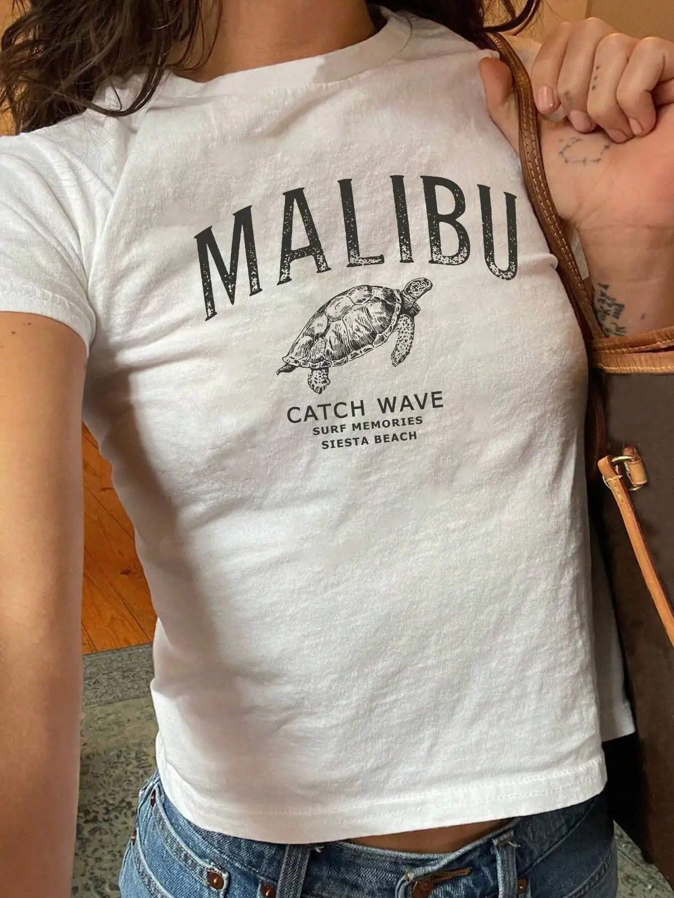 

Malibu Turtle Graphic Tee for Women - Catch Wave Surf Memories Siesta Beach Y2K Style