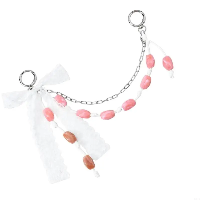 Faux-Stone Bead Keychain with White Lace Accent and 2 Attachment Rings, Decorative Holder and Accent for Bags