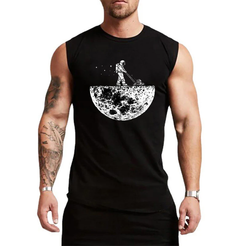 Astronaut Mower Moon Galaxy Spaceman Print Vests Mens Fitness Sport Sleeveless Tank Tops Gym Bodybuilding Muscle Cotton T-shirt