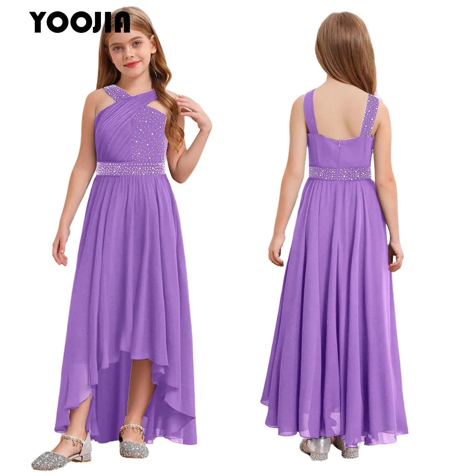 

High-Low Chiffon Skirt Princess Dress Kids Girls Sleeveless Rhinestone Flower Girl Dress for Bridesmaid Birthday Party Wedding