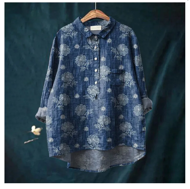 เสื้อเชิ้ตแขนยาวพิมพ์ลายดอกไม้สวมใส่สบาย เสื้อเชิ้ตแฟชั่นลําลองทุกวัน เสื้อติดกระดุมมีกระเป๋า