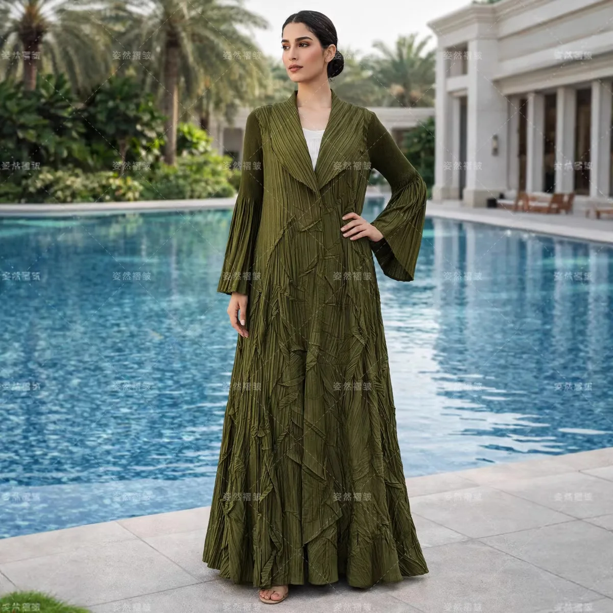 

Miyake Pleated Heavy Crepe Textured Dubai Robe Women's Trumpet Long-sleeved Cardigan Middle Eastern Arabian Clothing