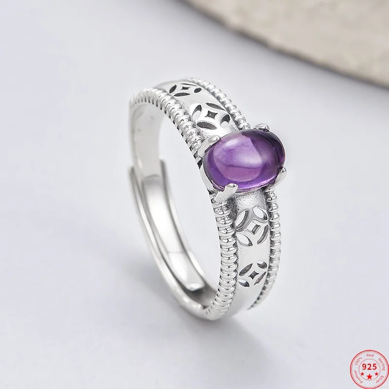 

Кольца из стерлингового серебра 925 пробы для женщин и мужчин, полые древние монеты с узором, инкрустированные овальным кабошоном, аметистом, модные ювелирные изделия, оптовая продажа