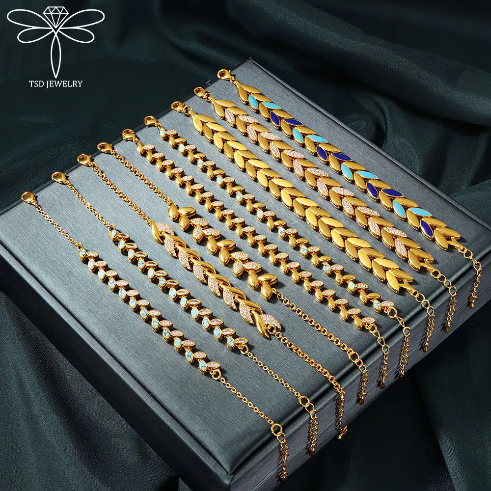 

Dubai Fashion Zirconia Bracelet 21k Gold Plated Italian Charm Leaf Hand Chains Saudi Muslim Woman Party Banquet Retro Jewelry