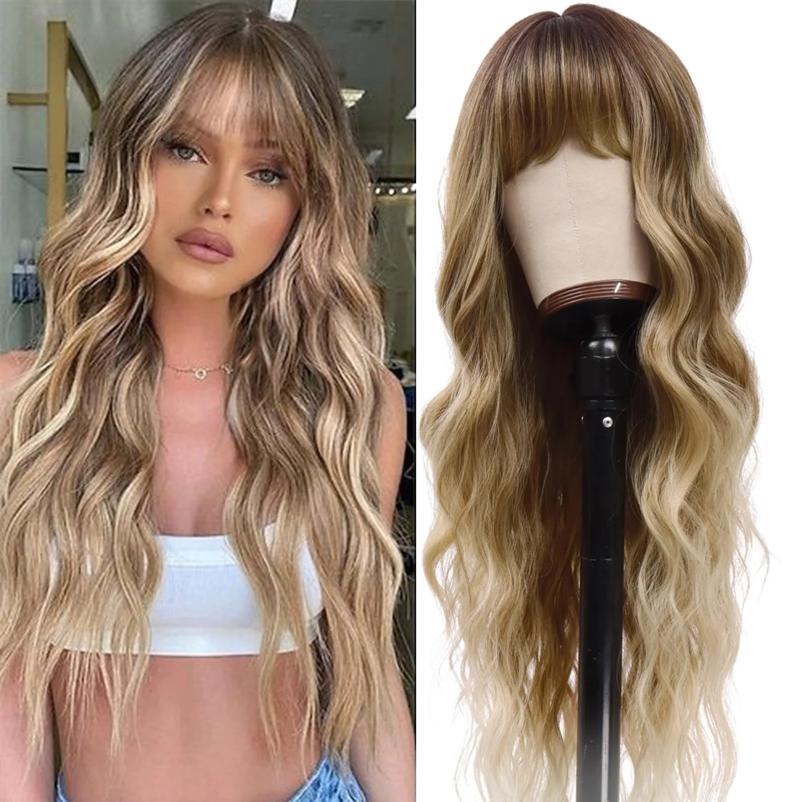 

Dirty Blonde Wig with Bangs 26 Inch Long Curly Wavy Wigs for Women Natural
