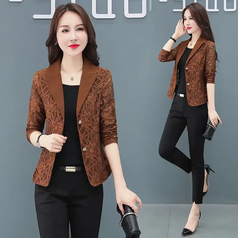 Spring Summer Women Fashion White Short Slim Blazer Hollow Lace Long Sleeve Casual Jacket Office Ladies Work Wear M-5XL E135