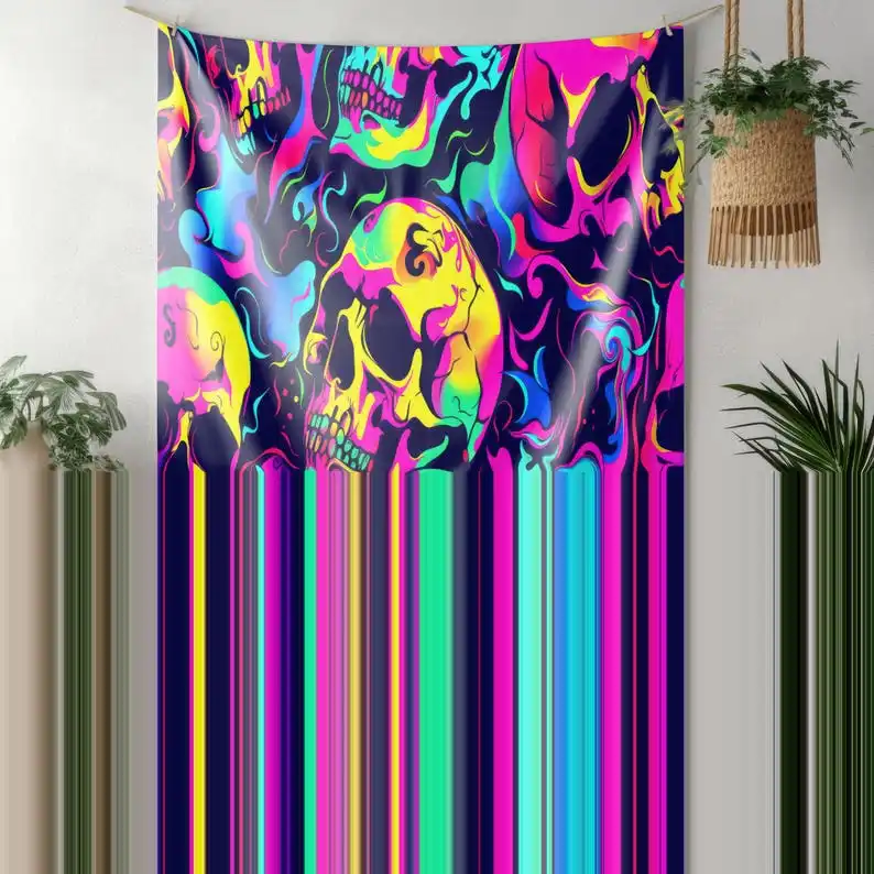 skull tapestry psychedelic art graffiti style wall hanging vibrant colors skull pattern modern decor rave party theme