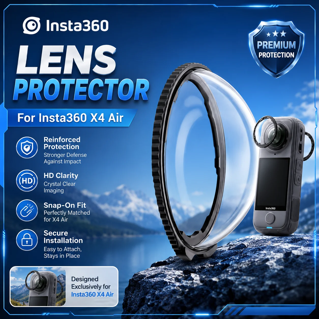 Insta360 X4 Air Standard Lens Protector Reinforced Glass Guard with High Light Transmission and Easy Installation