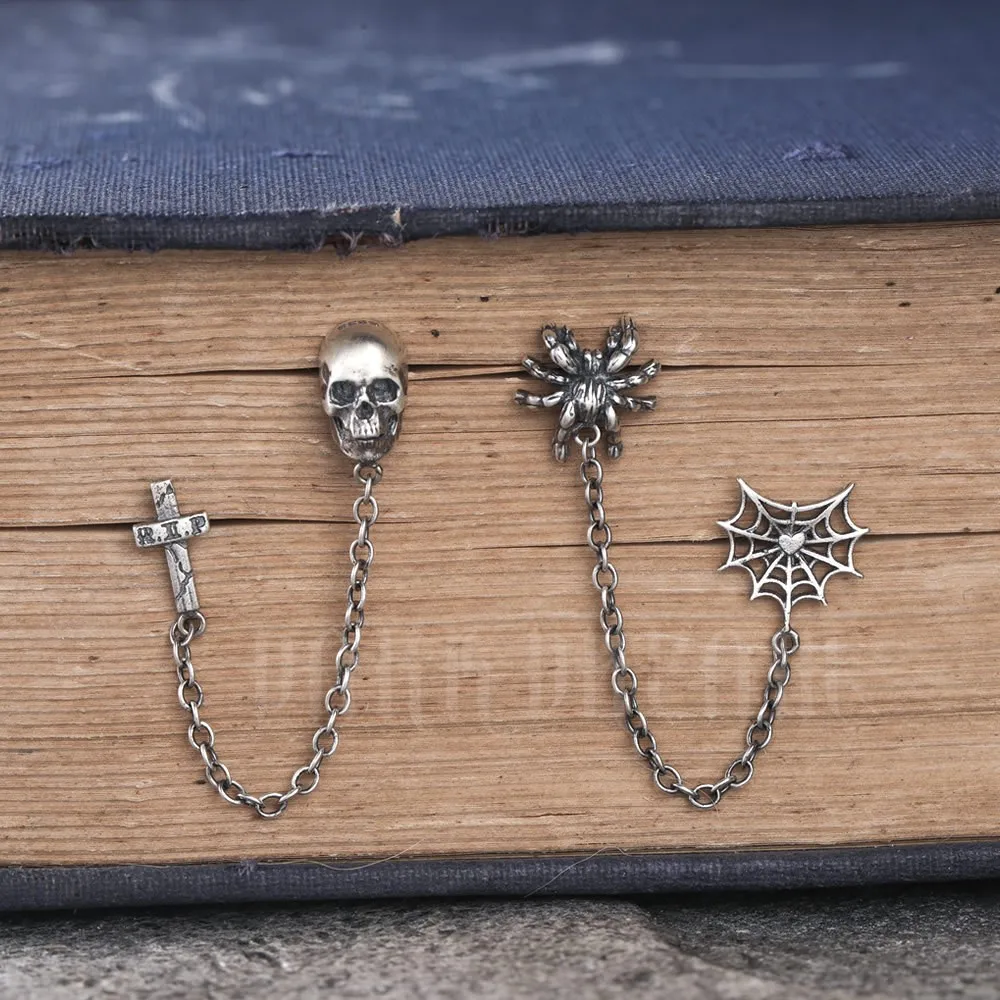

1 Pair Gothic Punk 100% 925 Sterling Silver Spider Web Skull Link Chain Double Stud Earring Hip-hop Jewelry Earrings Piercing