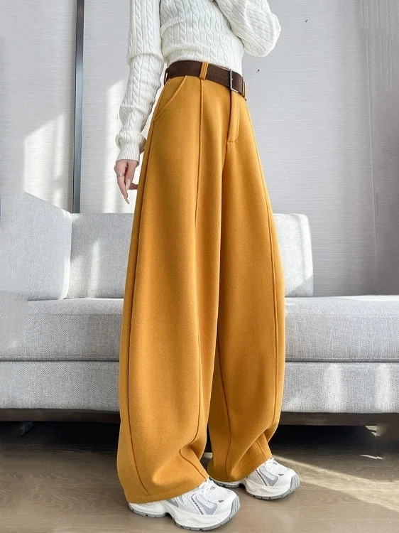 

Женские оранжевые шерстяные брюки с широкими штанинами на флисовой подкладке, весна-осень-зима, драпированные, повседневные, с высокой талией