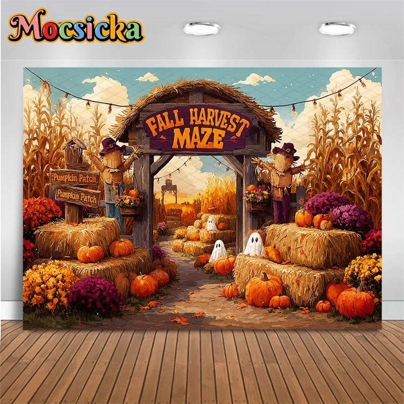 Mocsicka Fondo Fotográfico de Pintura al Óleo con Motivos de Cosecha de Otoño, Laberinto, Granja, Espantapájaros, Pacas de Heno, Calabazas, Acción de Gracias y Halloween