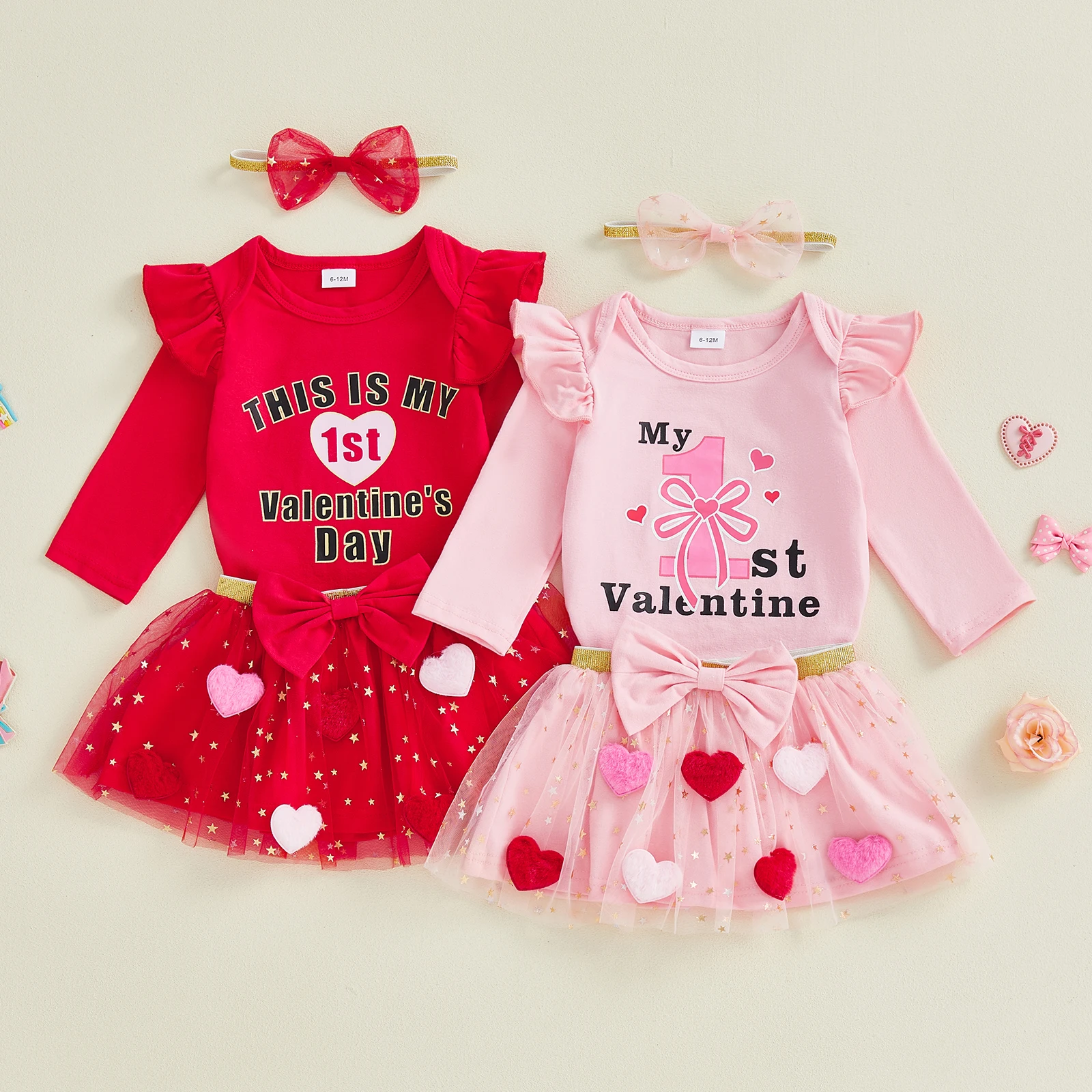 2026 السنة الجديدة طفل رضيع فتاة أول عيد الحب الزي طويلة الأكمام رسالة رومبير تول تنورة القوس عقال 3 قطعة مجموعة