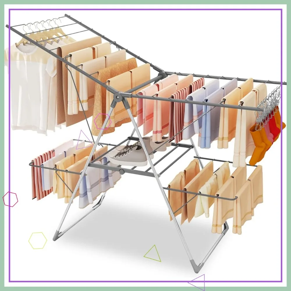 

Foldable Stainless Steel Clothes Drying Rack, 2-Level Large Capacity with 33 Rails for Indoor Outdoor Use, Easy to Store