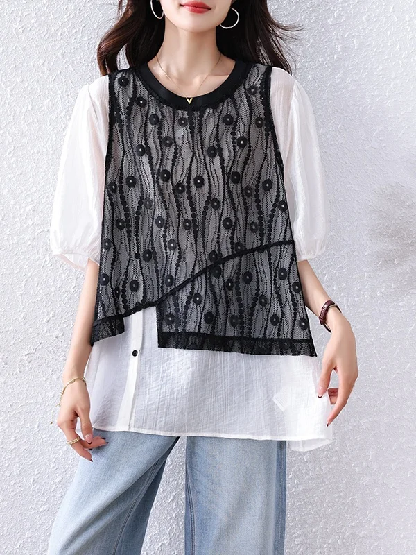 

Unique Beautiful Lace Bubble Sve Vest Top ort Sve irt Summer Fake Two-Piece Chiffon Blouse Loose Fit round Neline