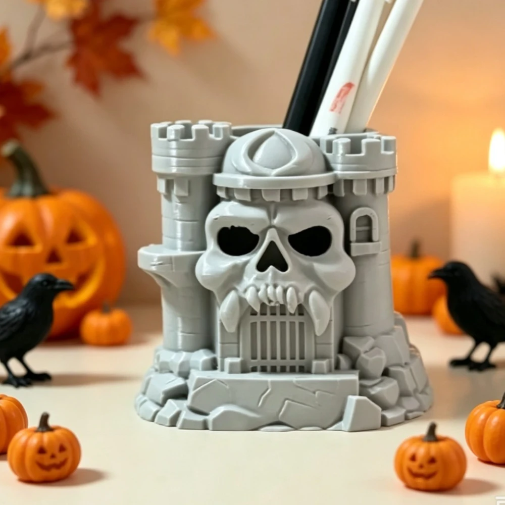 3D Printed Pen Holder Gothic Skull Gate Castle Turrets Tooth Iron Fence Grille for Desktop Stationery Organizer