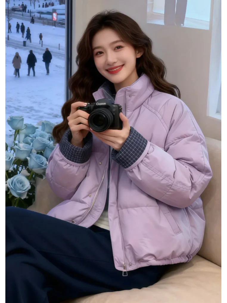 

Корейская теплая зимняя куртка-пуховик в клетку с капюшоном и лоскутным дизайном для женщин, новая модная верхняя одежда