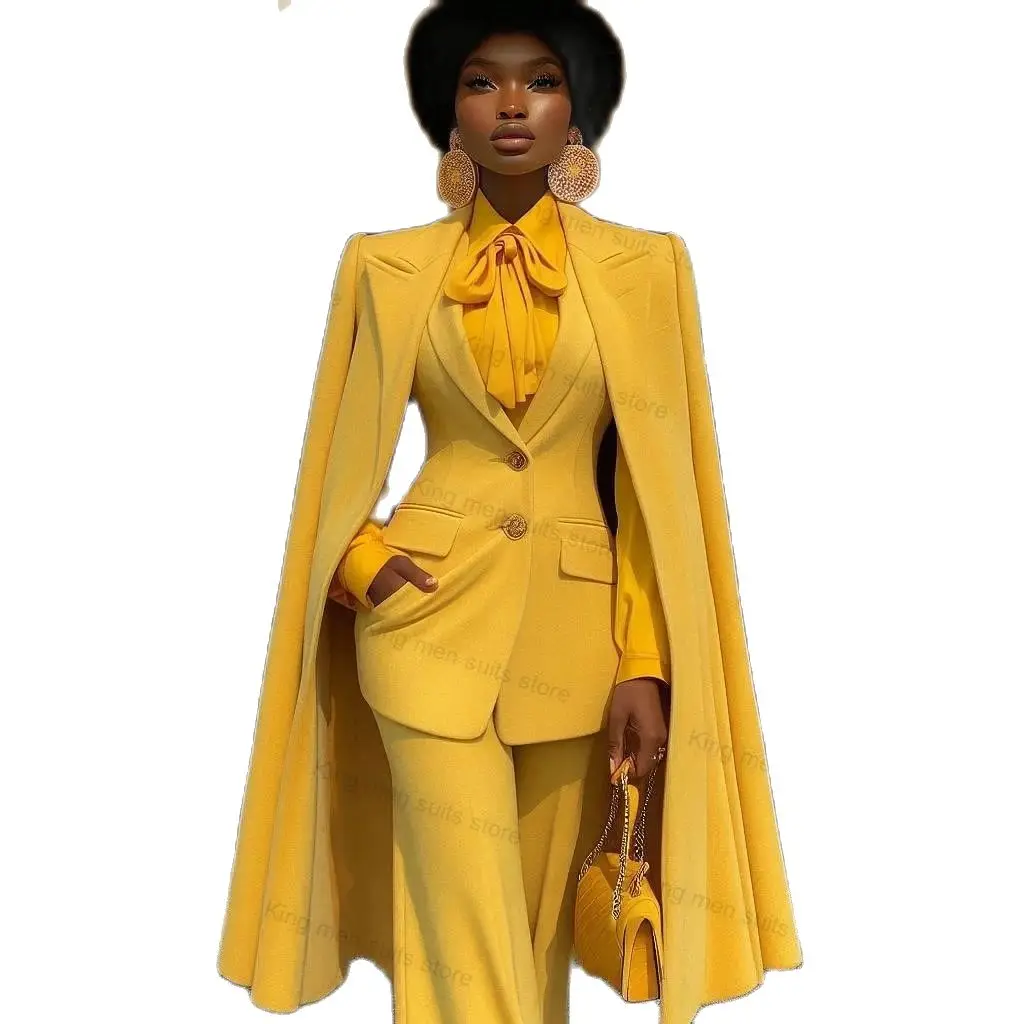 Yellow Cape Women Suit Pants Set 2 Pieces Long Sleeves Blazer+Trousers Cotton Customized Formal Wedding Tuxedos Jacket Prom Coat