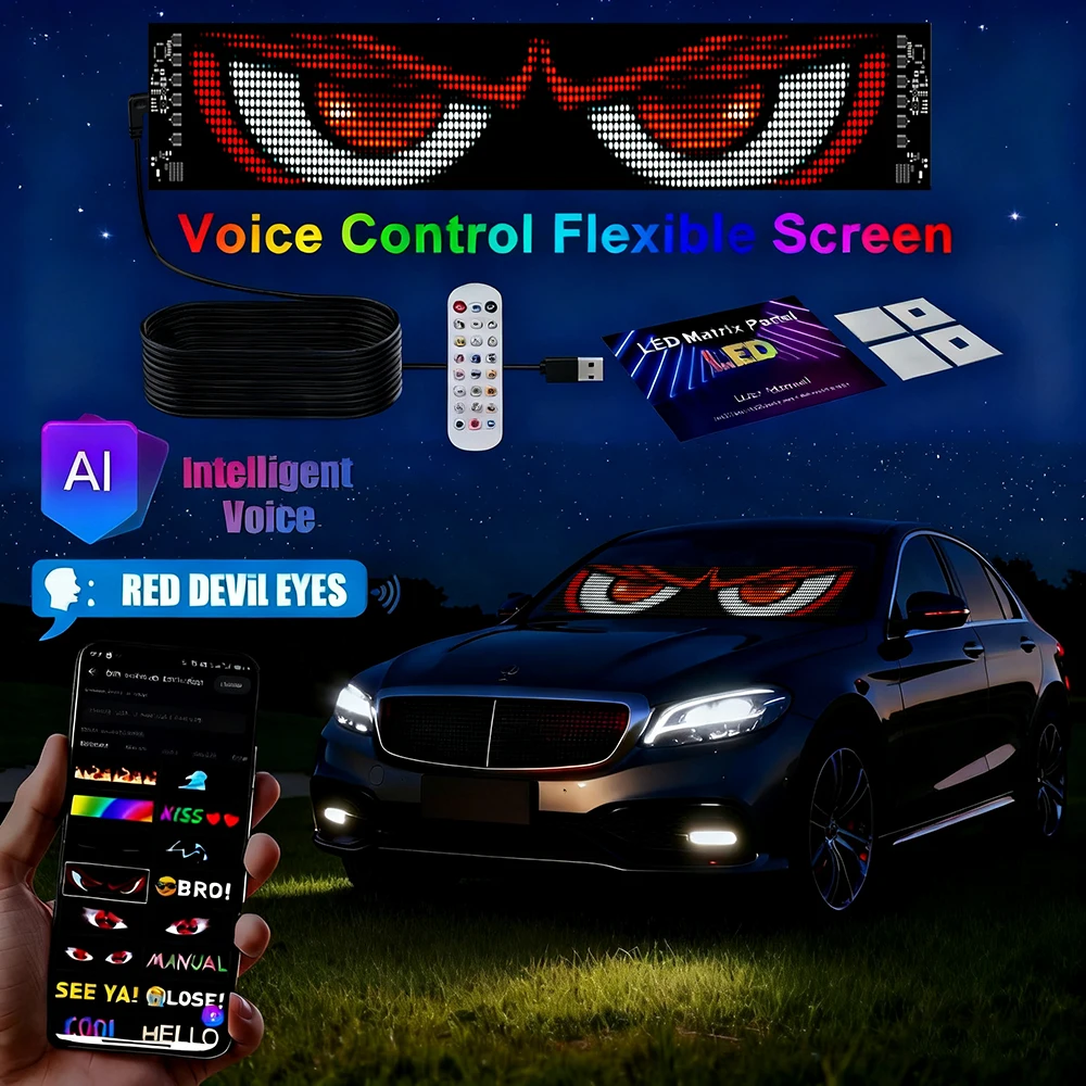 AI Voice Control Car Sign Animation LED Matrix Panel Devil's Eye Flexible Advertising Screen Music Rhythm Spectrum Sync Display