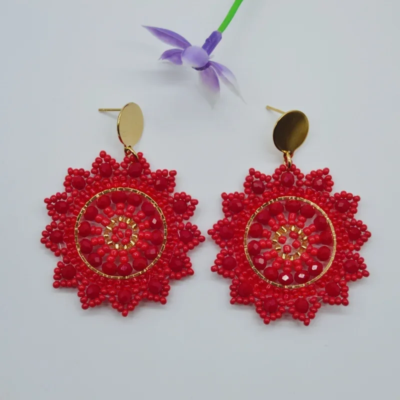 Rice bead earrings Sunflower Design Originality Crystal Hand knitting Bohemia Alloy Fashion Simple Beaded earrings