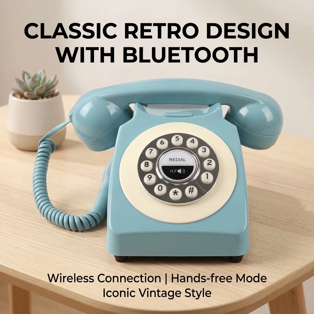 Retro Bluetooth Telephone Vintage Cordless Phone for Home Office Hotel Classic Wireless Landline with Hands-free & Redial Blue