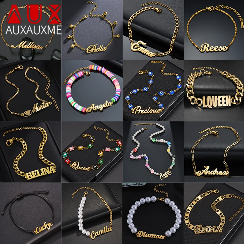 

Auxauxme Custom Name 16 Style Chain Bracelets for Women Men Stainless Steel Flower Pearl NK Chain Bracelet Jewelry Gifts