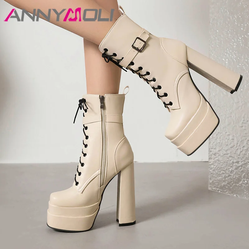 

ANNYMOLI Women Pu Leather Fashion Boots Short Boots Platform Hoof High Heels Sqaure Toe Buckle Sexy Zipper Winter Shoes 34-46