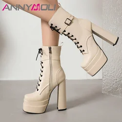 ANNYMOLI Women Pu Leather Fashion Boots Short Boots Platform Hoof High Heels Sqaure Toe Buckle Sexy Zipper Winter Shoes 34-46