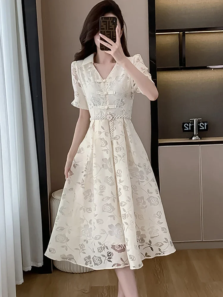 2024 New White Hook Flower Hollow Luxury Bandage Long Dress Summer Short Sleeve Polo Collar Dress Women Korean Elegant Vestidos