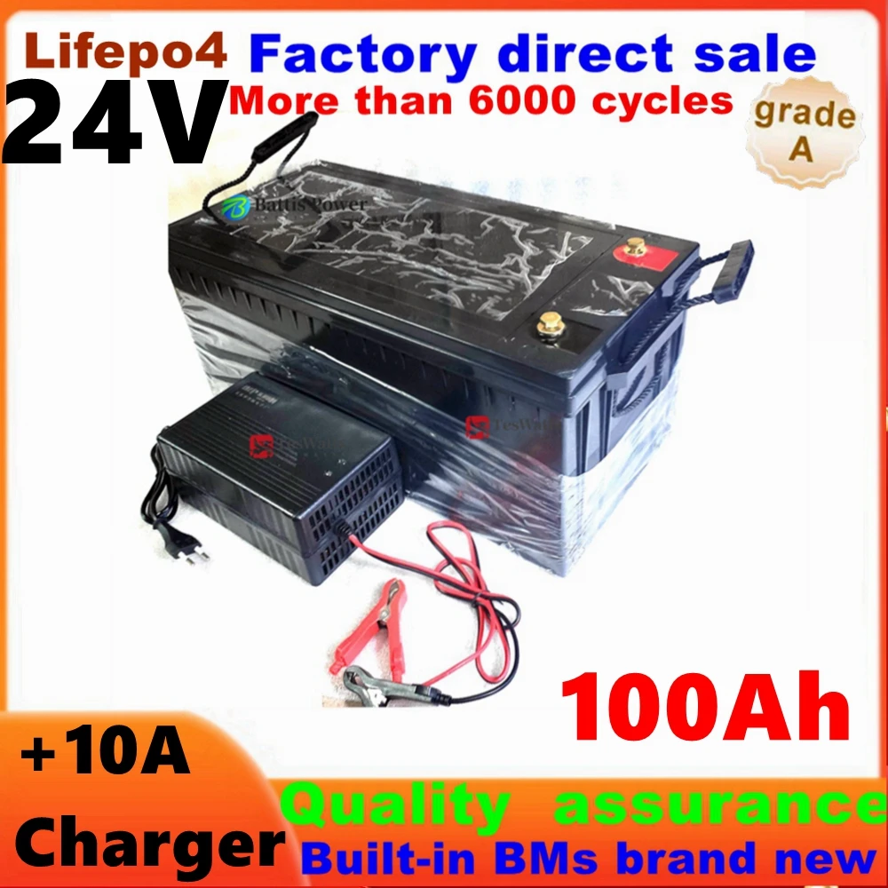 Waterproof 24V 100AH lifepo4 Battery lithium with 100A BMS for bicycle motorhomes Solar energy Inverter camping +10A Charger