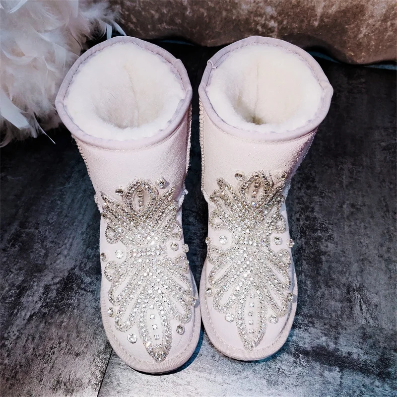 Full drill in winter pearlescent white snow boots thickened warm non-slip hand custom large size women's cotton boots 35-44