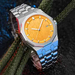 Men Dress Watch Stainless Steel Reloj Hombre Royal Style Blue Yellow Dial Quartz Waterproof  Watches Luxury Men Auto Date