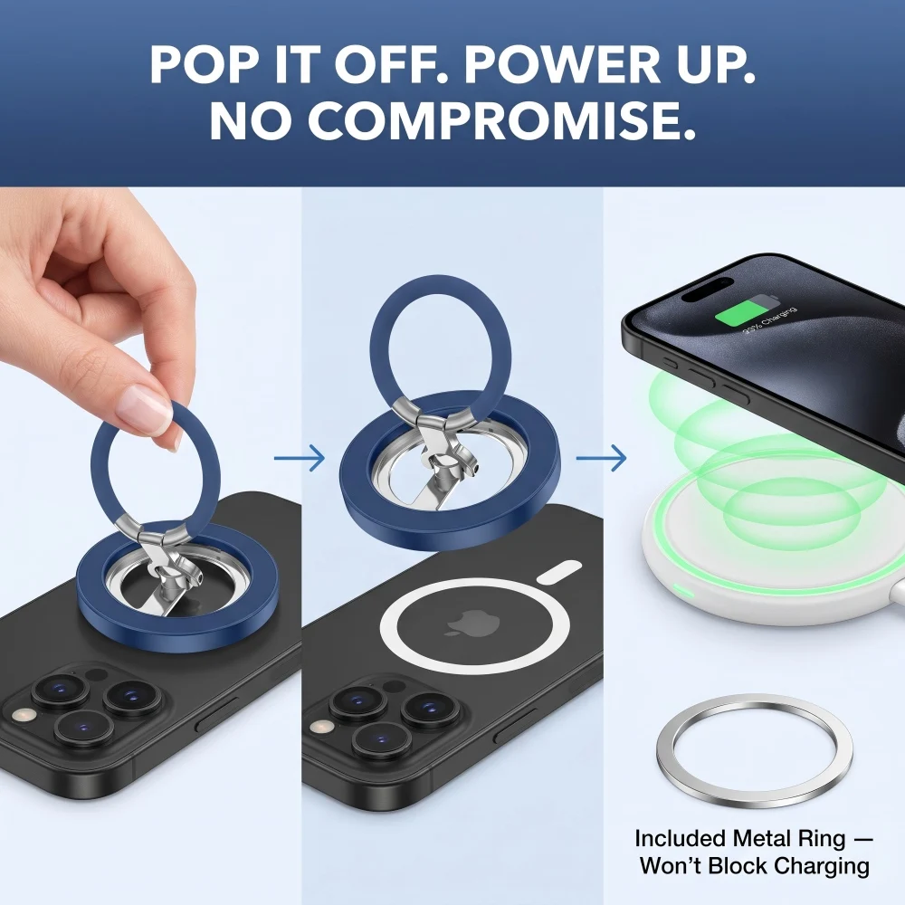 Two Sided Magnetic Phone Ring Holder 360 Rotation Metal Kickstand Finger Grip for MagSafe iPhone 16 15 Pro Samsung Car Mount view 4