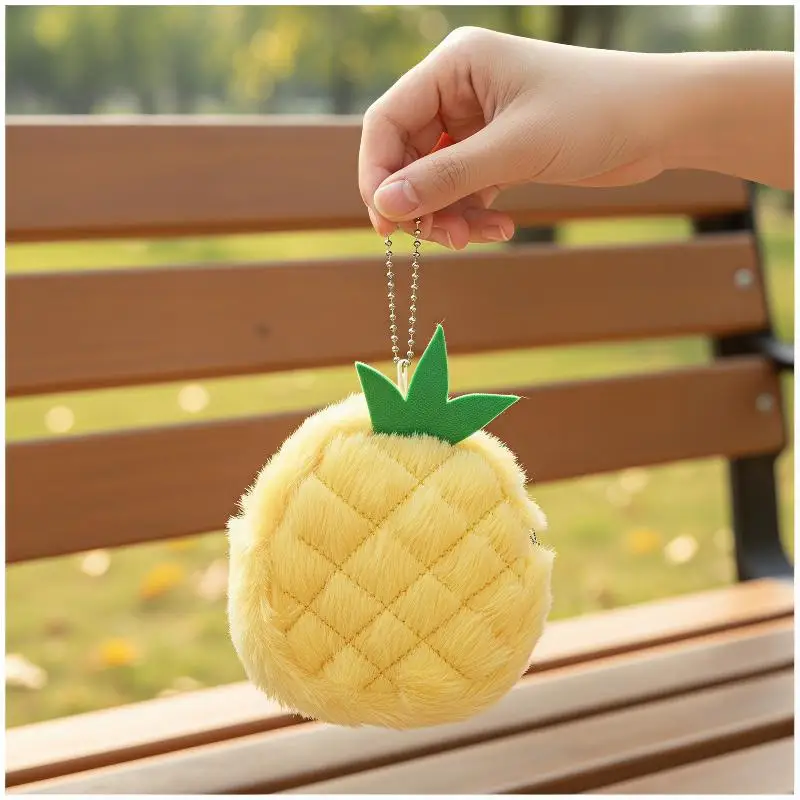 Fluffy Fruit Shaped Plush Coin Purse Mini Zipper Small Storage Pouch with Keyring Cute Bag Pendant for Teen Girls