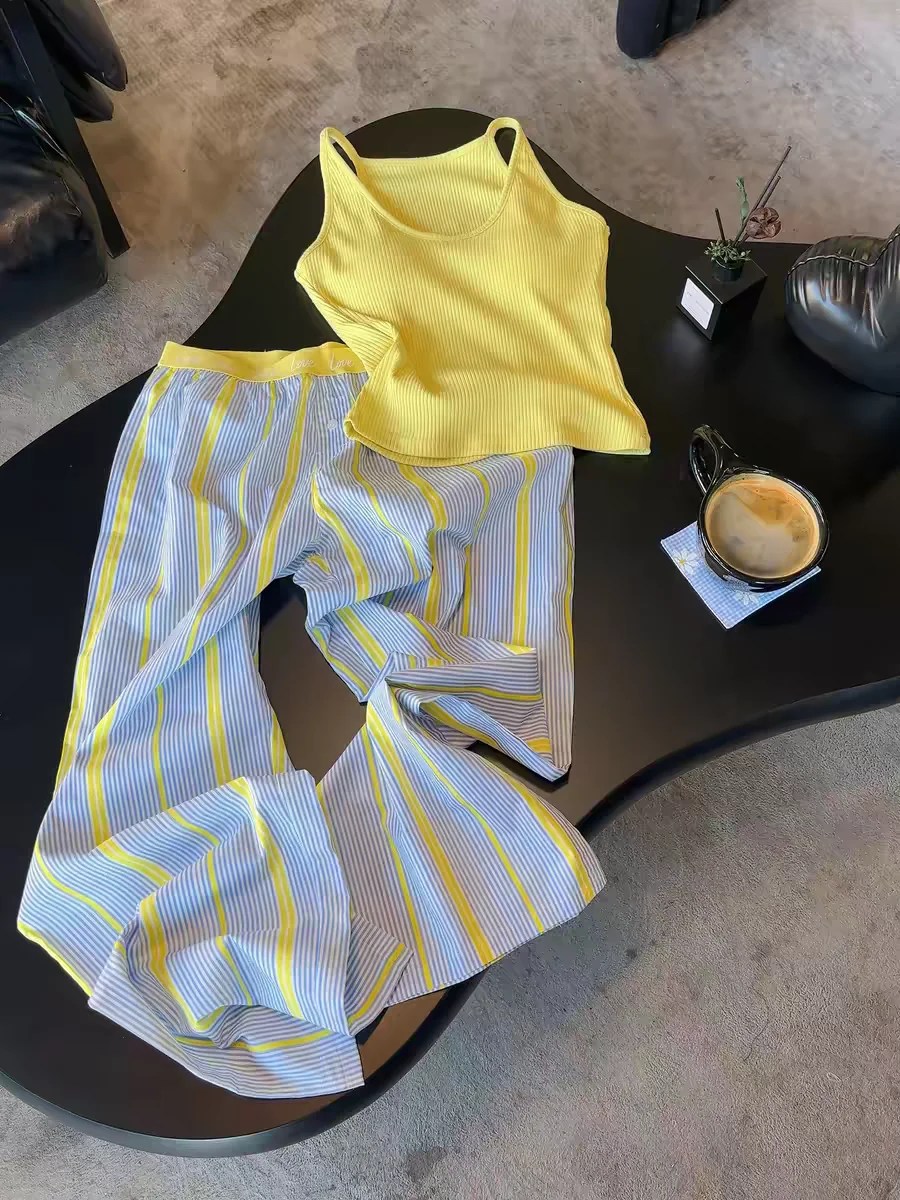 Korean Style Yellow Blue Strap Sleepwear Women Summer New Sweet Simple with Chest Pad Casual Long Pants Home Clothes Set