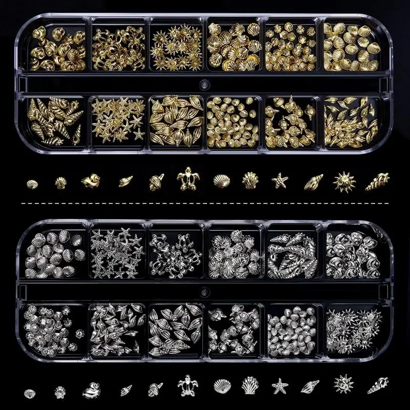 12Gird 3D Metallic Ocean Nail Art Stud Mix Gold Shell Starfish Conch Rivet Manicure Accessories