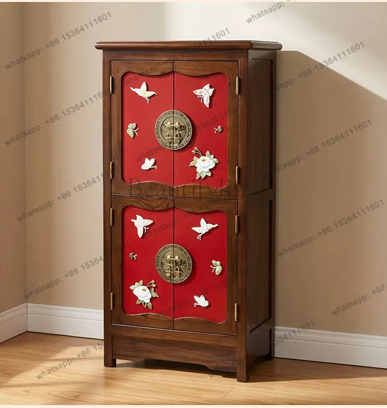 

Lacquered Chinese style entrance cabinet elm wood inlaid jade four-door standing cabinet