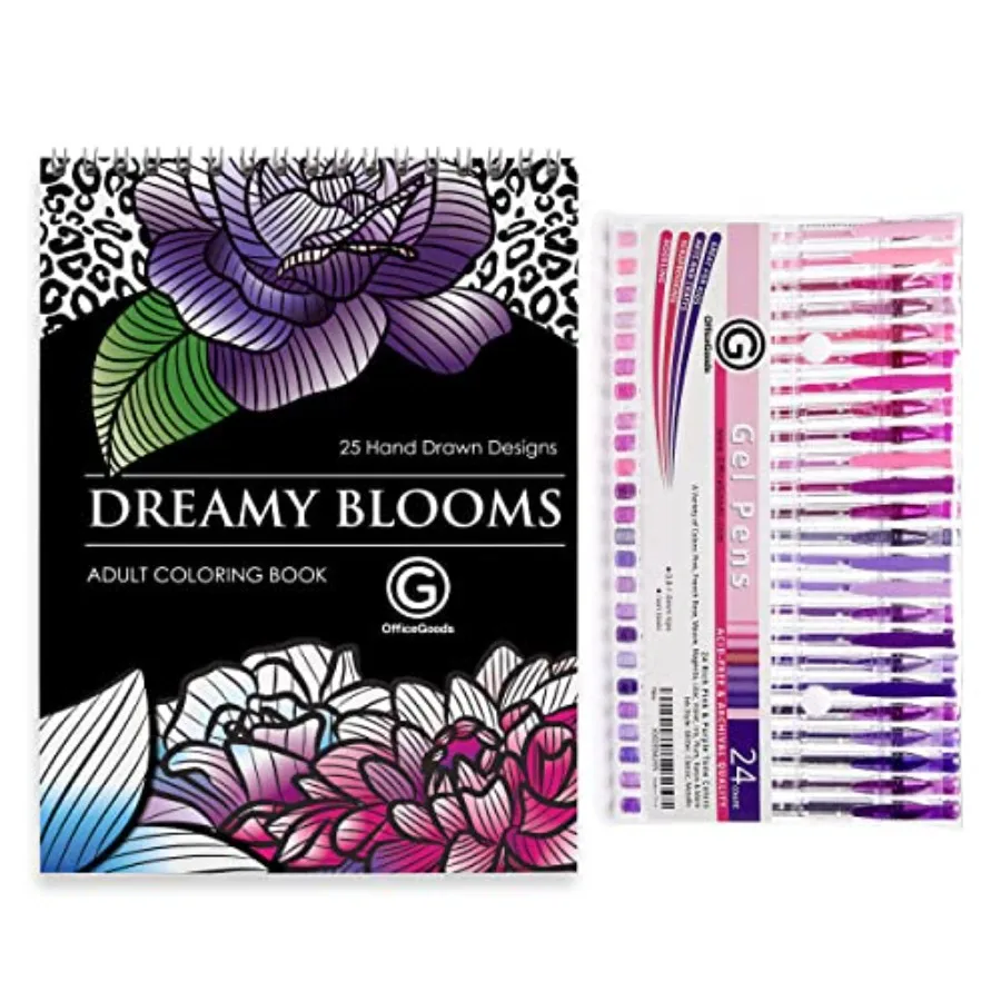 

24 pcs Pink and Purple Gel Pens with Refills and Dreamy Blooms Coloring Book Bundle