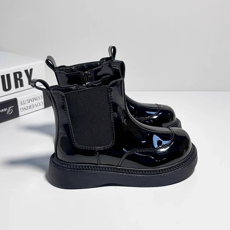 2025 الخريف الشتاء العلامة التجارية الجديدة الاطفال موضة حذاء من الجلد للبنين بنات للجنسين لامعة بولي Leather الجلود أحذية نصف رقبة من المطاط الكلاسيكية تشيلسي الأحذية #5