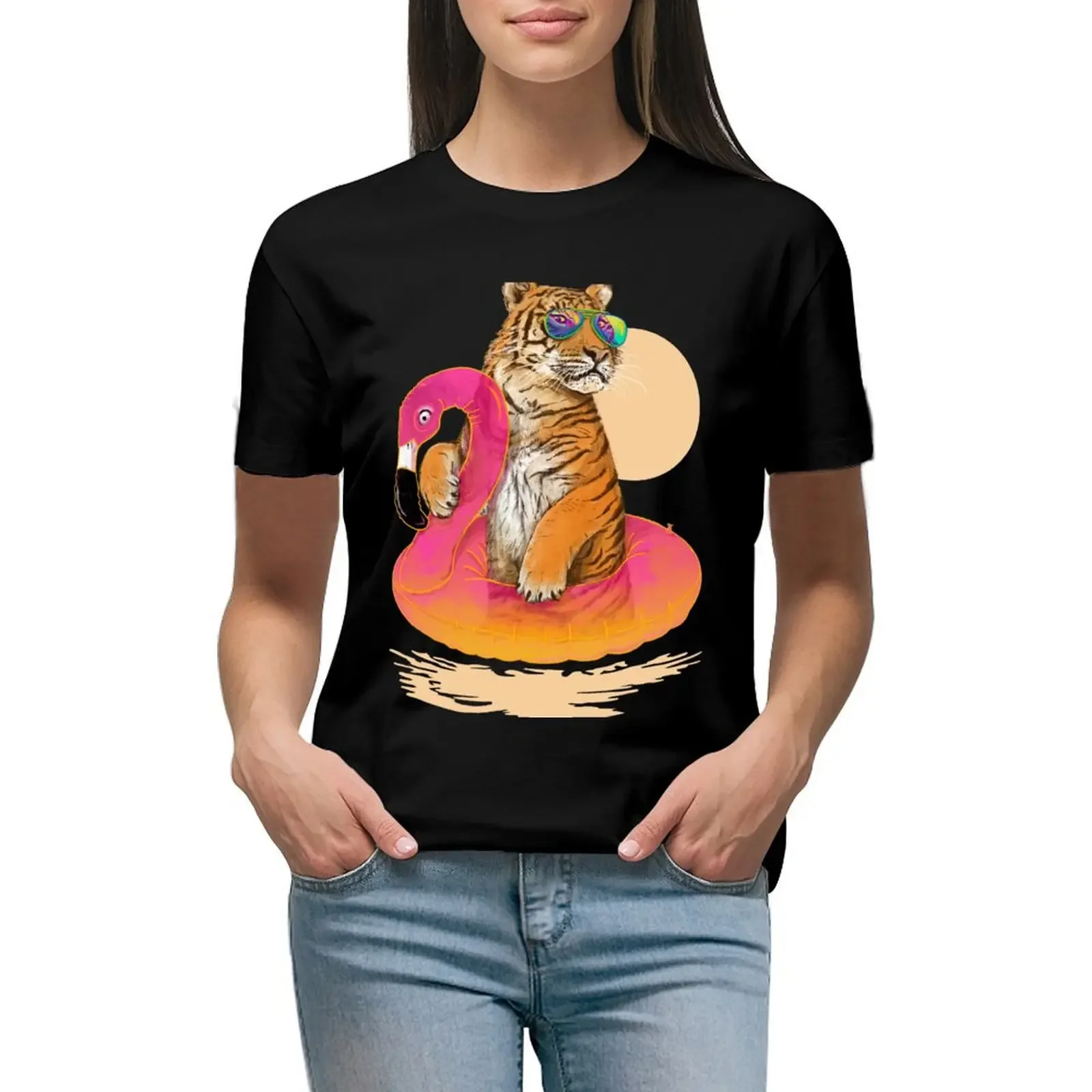 

Chillin, Flamingo Tiger T-Shirt summer top cute clothes korean fashion luxury designer clothing Women