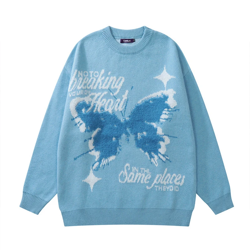 

Hip Hop Knitwear Mens Sweaters 2022 Harajuku Fashion Butterfly Embroiderey Male Loose Tops Casual Streetwear Couple Pullovers