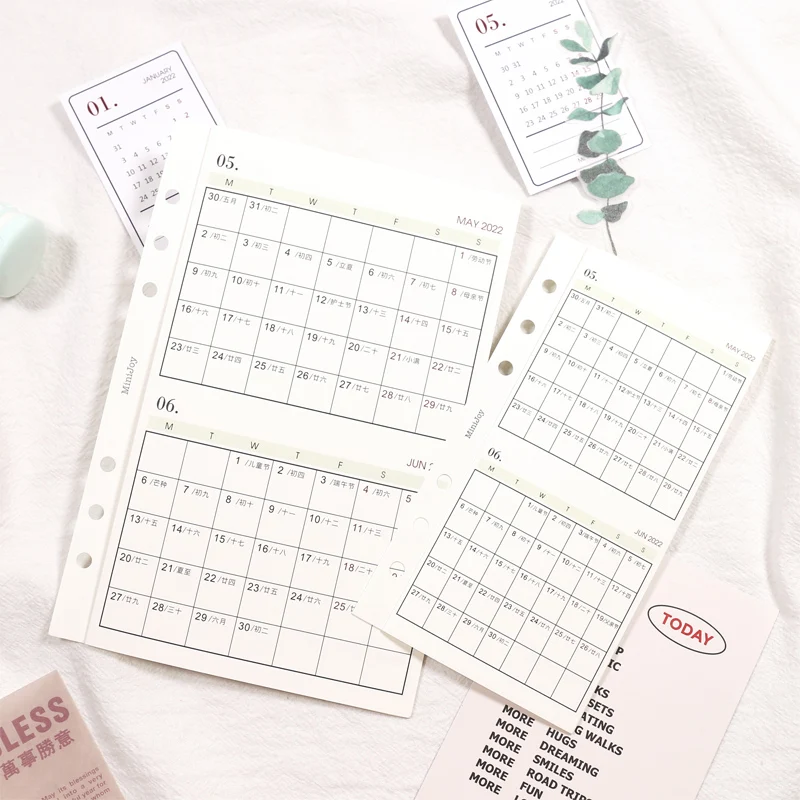 Domikee New colored 2021 calendar yearly planner 6 holes refilling inner sheets for binder planner notebooks stationery A5A6