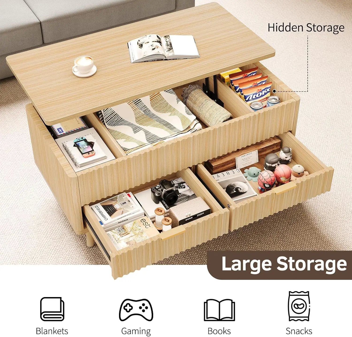 Mesa de centro cuadrada moderna natural de mediados de siglo: mesa central de madera estriada con tapa elevable grande con cajones y compartimento de almacenamiento oculto