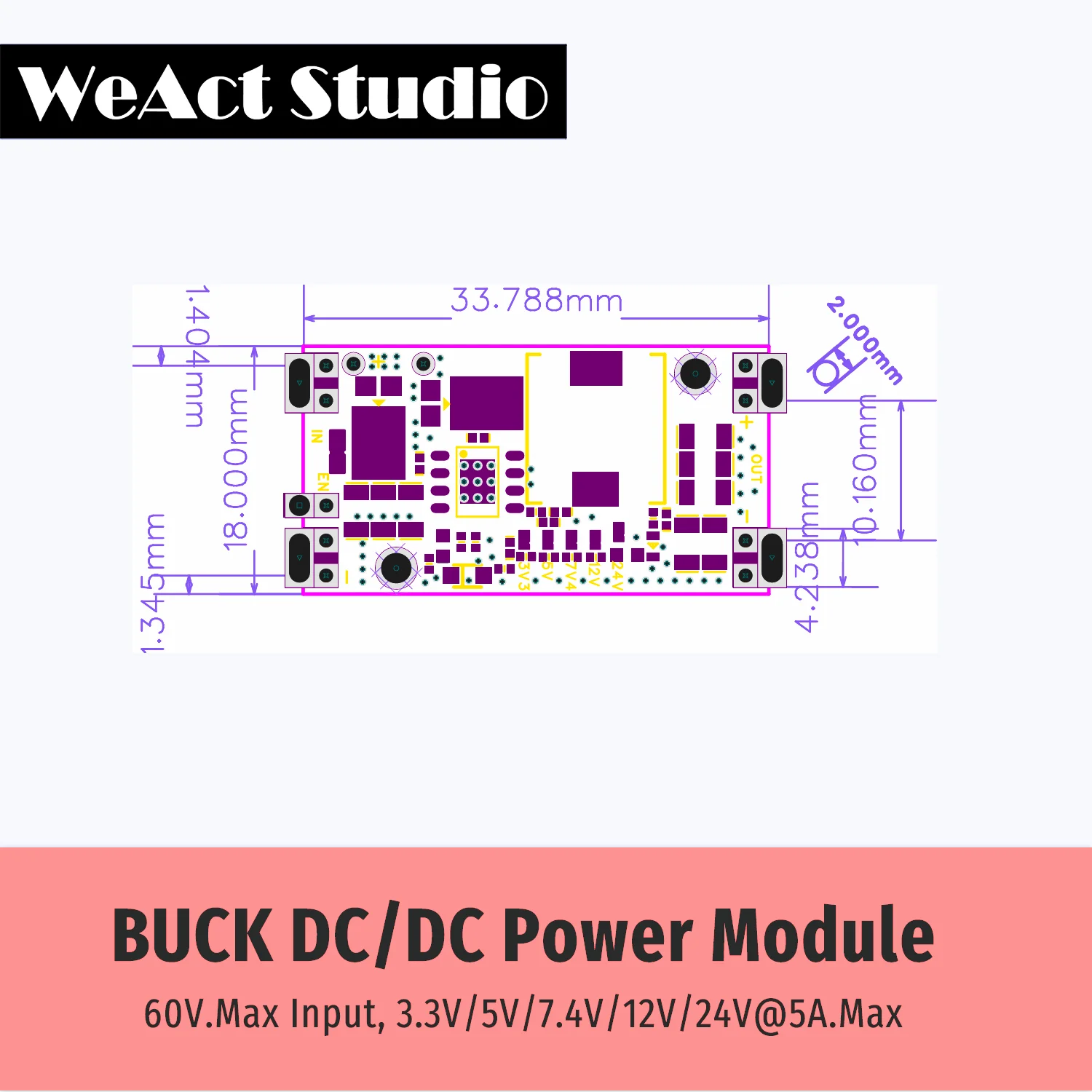 WeAct Buck Step-Down Power Module DC/DC 60V Entrada máxima 3,3/5/7,4/12/24V Saída 5A Corrente máxima