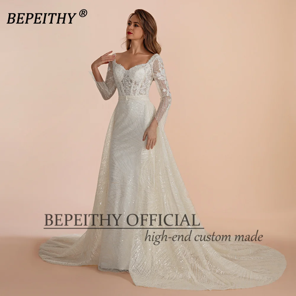 BEPEITHY Abito da sera in pizzo personalizzato Occasione formale con maniche lunghe per le donne Abito da festa con strascico quadrato 2023 Vendita calda