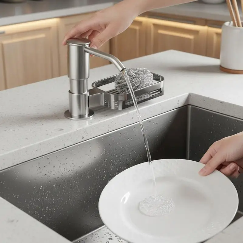 Modern Minimalist Kitchen Sink Dish Soap Dispenser Set 360° Rotatable Spout Sponge Tray for Home Decoration