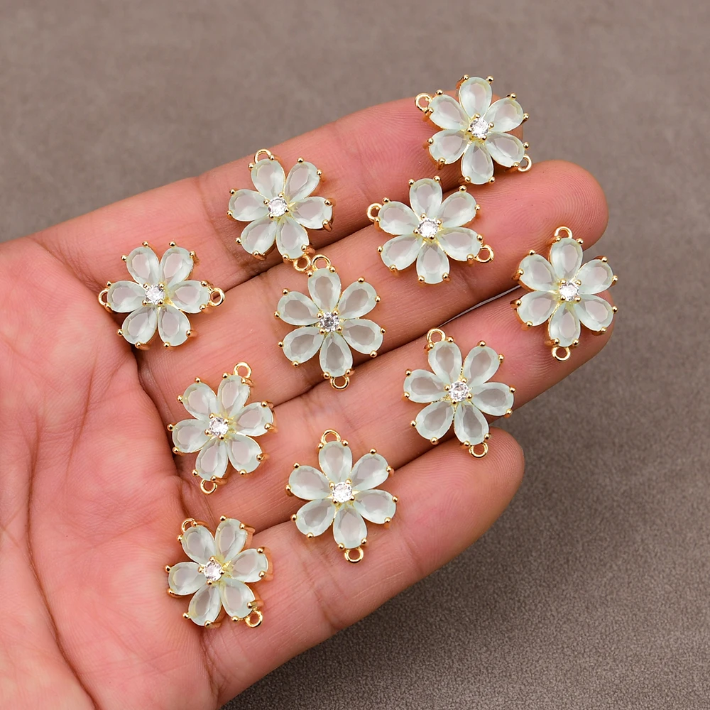 APDGG 10 Pcs 17mm Light green Jade aqua Crystal Pave Flower Gold Plated Bezel Sets Connector Pearl Necklace Pendant Jewelry DIY